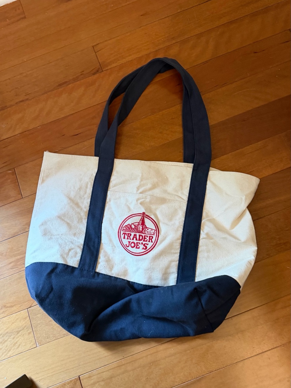 Trader Joe’s Blue and White tote bag.